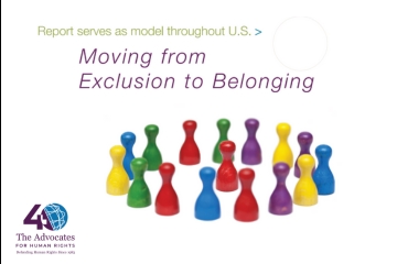 [ai] Colorful game pieces in red, yellow, green, purple, and blue arranged in a circle, with text above stating "Moving from Exclusion to Belonging" and a note about a report serving as a model throughout the U.S.